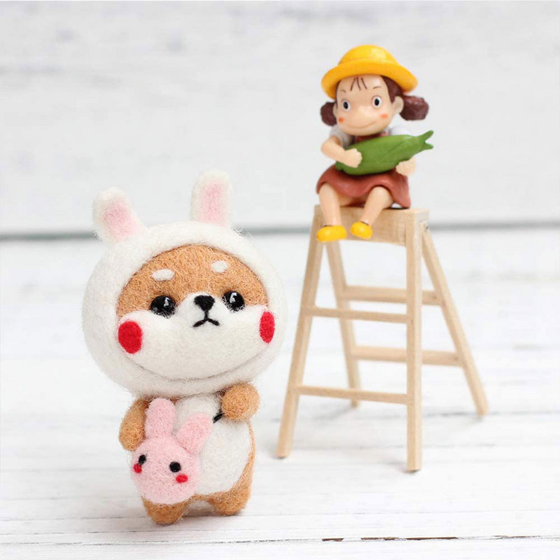 Daudzveidīgs jauks dzīvnieku vilnas filcēšanas materiālu iepakojums Shiba Inu rokām darināta rotaļlietu lelle, nepabeigts ar dūrēm izgatavots komplekts DIY mākslas amatniecība