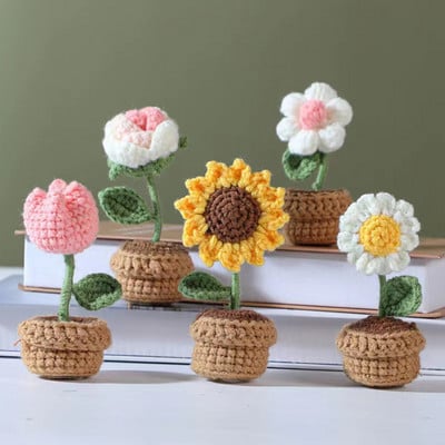 Mākslīgie ziedi, rokām darināti DIY pušķi podiņos, radoši mājas dekori. Augstums: 9-11 cm Augstums: 9-11 cm Saulespuķu tulpju adīšana