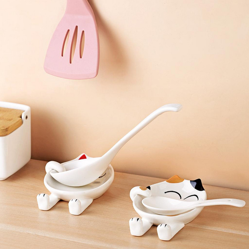 Spoon Rest Keramika Make Kitty Shape Porcelianiniai Priedai Įrankis Kavos laikiklis virtuvės dekorui Chef Mentele Kaušas Šakutė