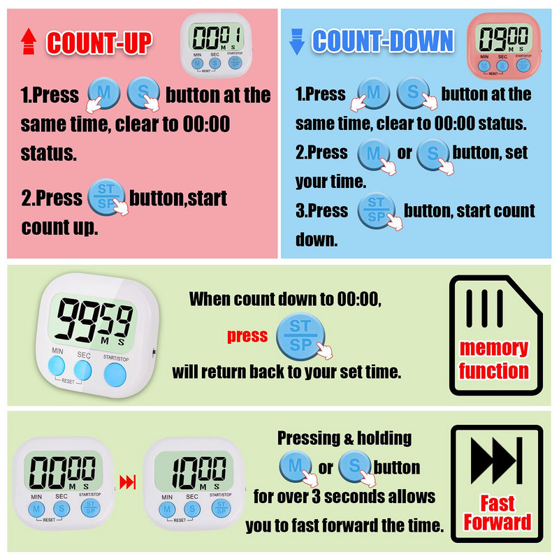 Magnētiskais LCD digitālais virtuves atpakaļskaitīšanas taimeris Hronometrs ar statīvu Praktiska gatavošana Cepšana Sports Modinātāja pulksteņa atgādinājuma rīki