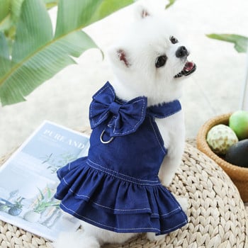 Χαριτωμένα φορέματα για σκύλους με φιόγκο για μικρά σκυλιά Κοριτσίστικα ρούχα για σκύλους γάτα τζιν γιλέκο κουταβιού Φούστα για κατοικίδιο ζώο τζιν μπουφάν για σκύλους με λουρί