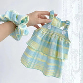 Slāņaina grezna kleita suņiem Vasaras veste viengabala kucēnu pavasara drēbes Čivavas gaiši violets rūtains, gari mājdzīvnieku svārki kaķu apģērbs