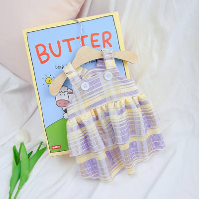 Slāņaina grezna kleita suņiem Vasaras veste viengabala kucēnu pavasara drēbes Čivavas gaiši violets rūtains, gari mājdzīvnieku svārki kaķu apģērbs