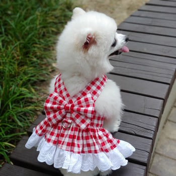 Дантелена карирана рокля Облекло за кучета Pet Sweet for Dog Clothes Small Costume French Bulldog Cute Summer Red Girl Collar Perro