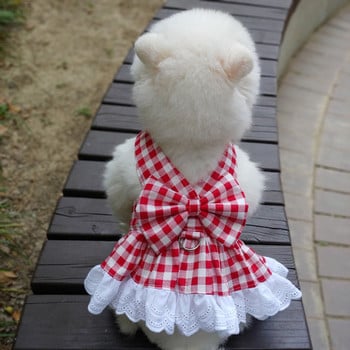 Дантелена карирана рокля Облекло за кучета Pet Sweet for Dog Clothes Small Costume French Bulldog Cute Summer Red Girl Collar Perro