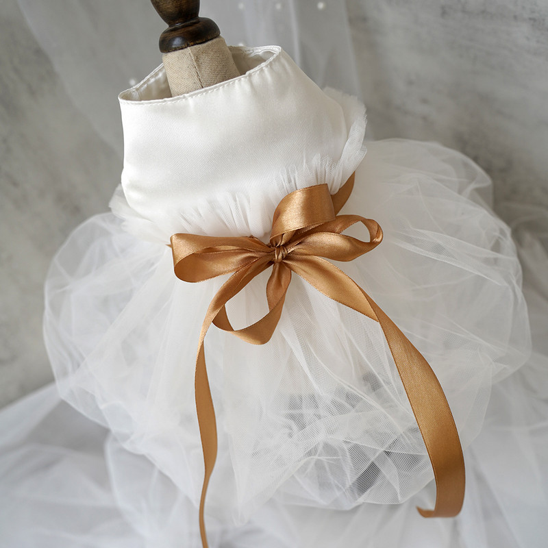 Летни кучета Сватбена рокля Облекло за домашни любимци Рокля на принцеса Дрехи за кучета Малък костюм Френски булдог Бяла момичешка пола