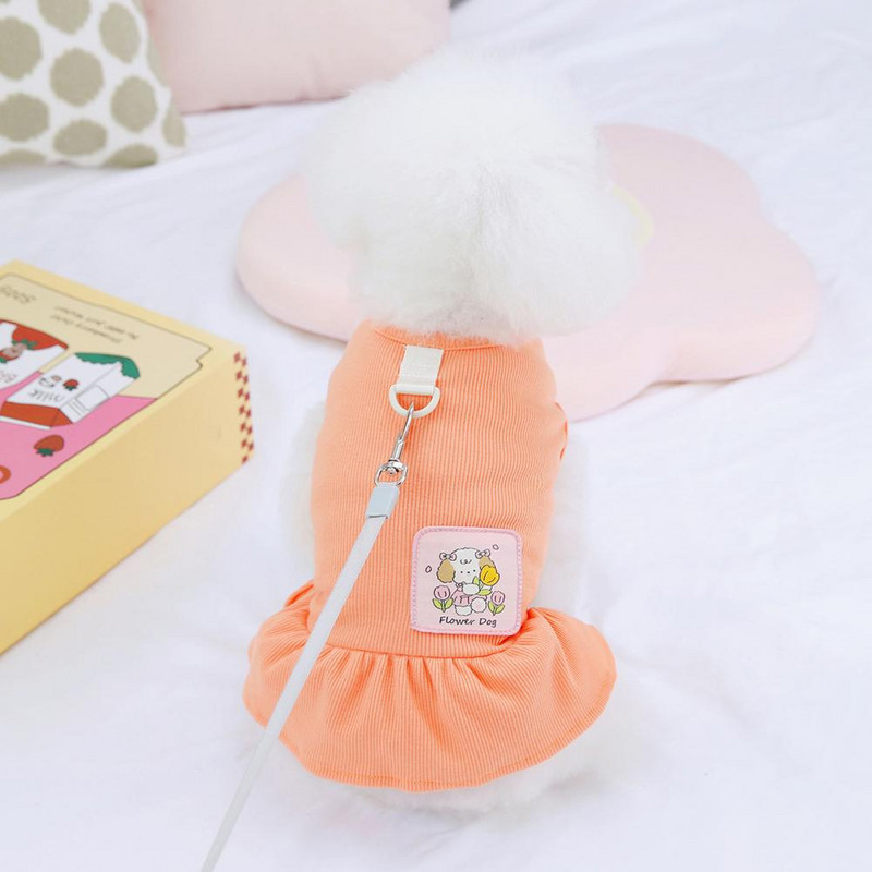 Kleita kucēnam pavasara vasaras mājdzīvnieku kleita vilkšanas gredzena dizains ar kroku apakšmalu svītrains bez piedurknēm suņu apģērbs multfilmu raksts ballīšu apģērbs