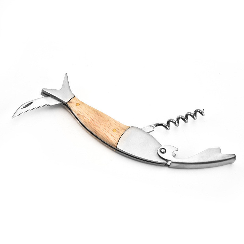 Jauks zivs formas vīna attaisāmais koka rokturis profesionāli metāla attaisāmie daudzfunkcionālie pārnēsājamie skrūvējamie korķviļķu vīna pudeļu attaisītāji