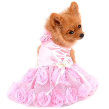 Сватбена рокля за домашни любимци с малки кучета с панделка Костюм за парти за рожден ден Сатенени розови перли Официална рокля за момиче за кученце, куче, котка, рокля-пачка