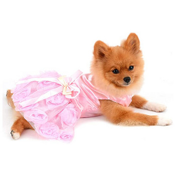 Pet Small Dog νυφικό με παπιγιόν Κοστούμι για πάρτι γενεθλίων Satin Rose Pearls Επίσημο φόρεμα για Puppy Dog Cat Tutu