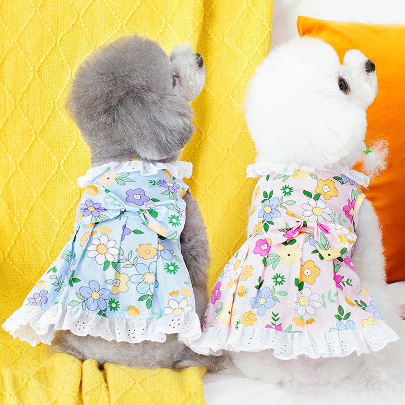 Salda puķaina suņu kleita vasaras mājdzīvnieku apģērbi banti bez piedurknēm suņu kreklu kleitas meitenēm kucēnu kaķu mežģīņu svārki maziem suņiem Yorkie XXL