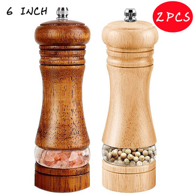 6 collu sāls un piparu dzirnaviņas komplekti piparu dzirnaviņas, manuāla svaigi malta garšvielu pudele, keramikas serde, masīvkoka piparu dzirnaviņas