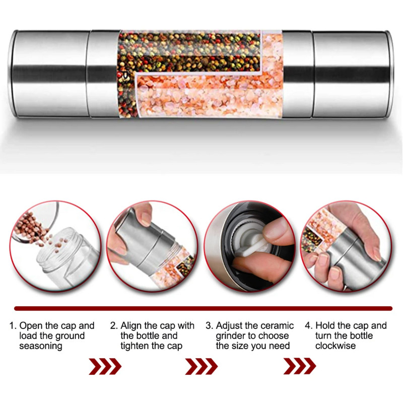 Garšvielu dzirnaviņas 2 vienā nerūsējošā tērauda manuāla piparu un sāls dzirnaviņas rupjības garšvielu garšvielu dzirnaviņas virtuves gatavošanas rīks