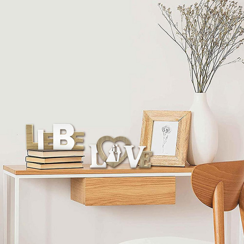 Lauku stila koka mīlestības zīme stāvoša koka bloku mājas dekoratīvās izkārtnes Valentīna dienai Dzīvojamā istaba Virtuve Mantel kāzu ballīte