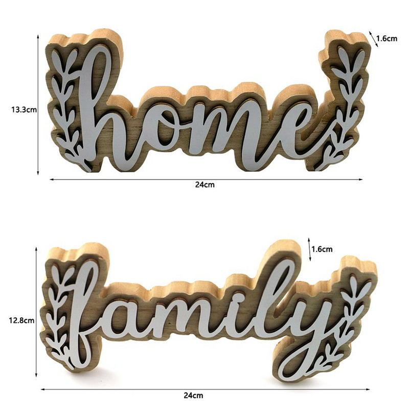 Koka rotājumi Mājai Ģimene Angļu burtu zīmes Radošs zemniecisks stils mājas galda dekorēšanai