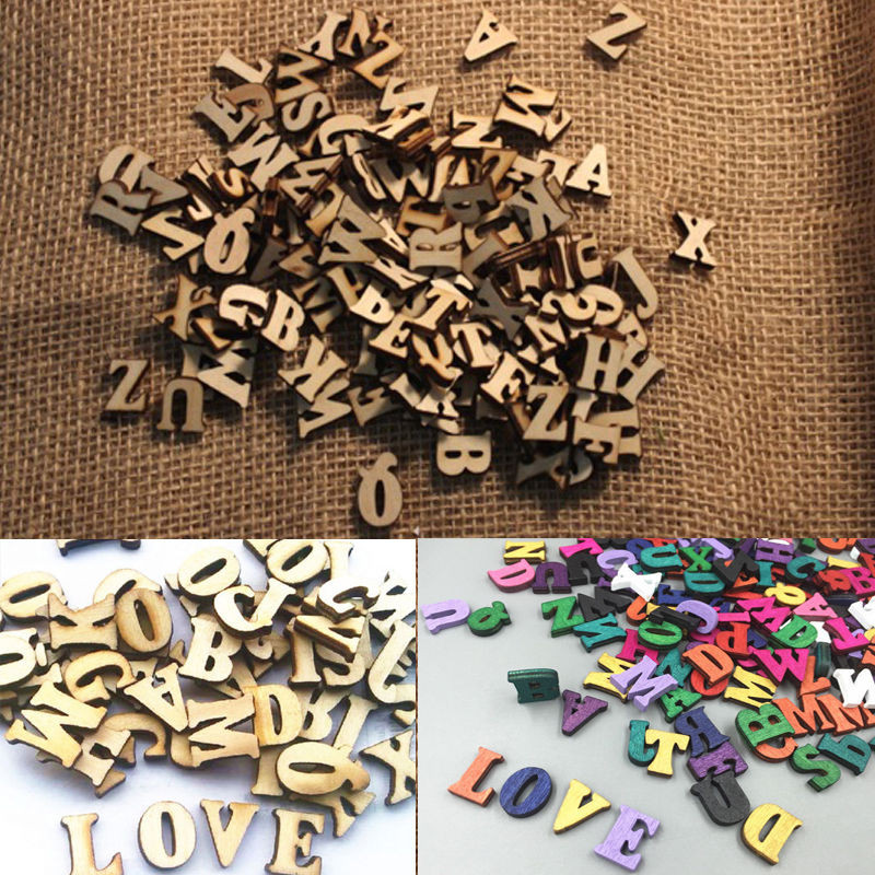 100 gab. Krāsaini burti Koka alfabēta rotājumi DIY Scrapbooking Amatniecības karšu izgatavošana mājas ballītes dzimšanas dienas dekorēšanai