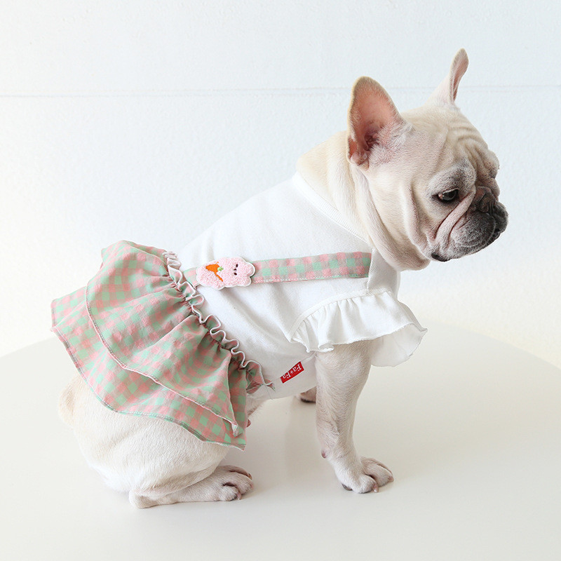 Bulldog Orange Green Colors Plaid Design Mascotas kleitas kucēnam redīsi Trušu dizaina mājdzīvnieku svārki resnu suņu apģērbiem