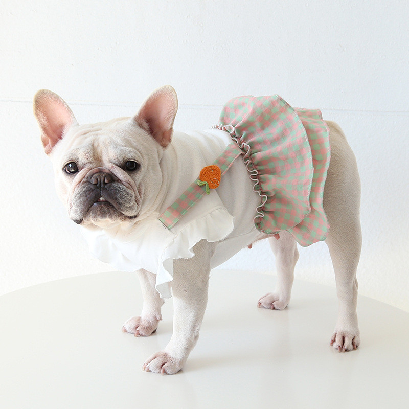 Bulldog Orange Green Colors Plaid Design Mascotas kleitas kucēnam redīsi Trušu dizaina mājdzīvnieku svārki resnu suņu apģērbiem