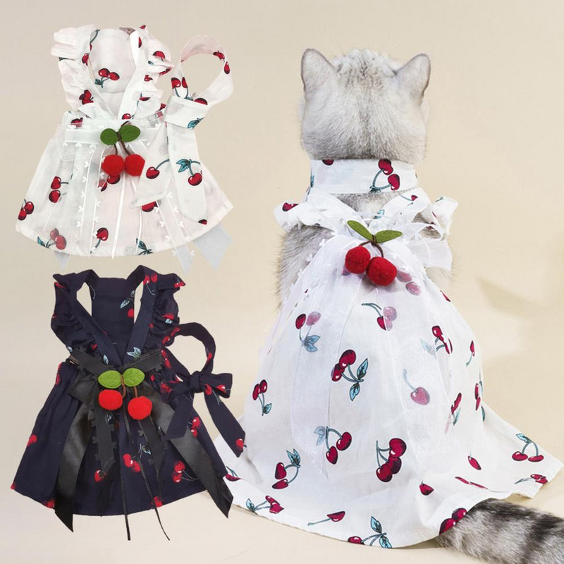 Rochie de vară 1 set Fusta pentru animale de companie Decorație cu minge de blană Adorabil cu papillon imprimeu cireșe Animal de companie Câine de companie cu cravată Articole pentru animale de companie