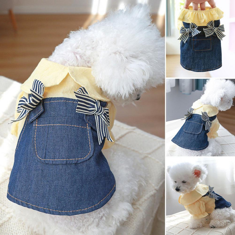 Skaista kaķa kleita, mīksta kleita Divu kāju kaķa suņa džinsa kleita