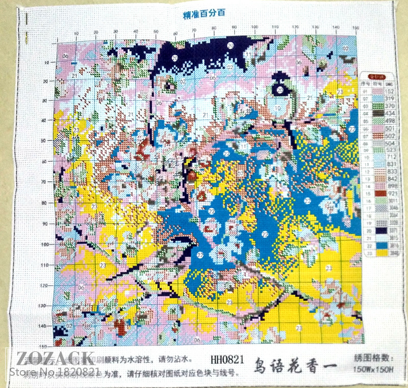 Zozack rokdarbi, DMC DIY krustdūriens, pilni izšūšanas komplekti, plūmju ziedu putnu raksti, ķīniešu krustdūriens, uzdrukāts uz audekla