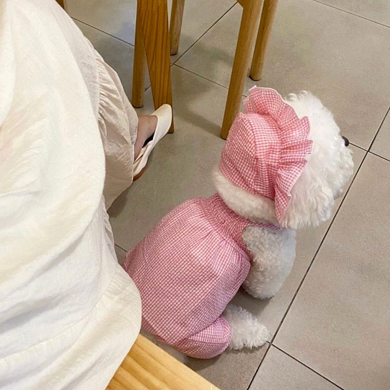 Teddy Plaid Kamizols suns Vasaras Plānas Mājas Drēbes Mājdzīvnieku Pomerānijas Elpojošas Drēbes Kucēniem Apģērbs ar Cepuri Mājdzīvnieku produkti