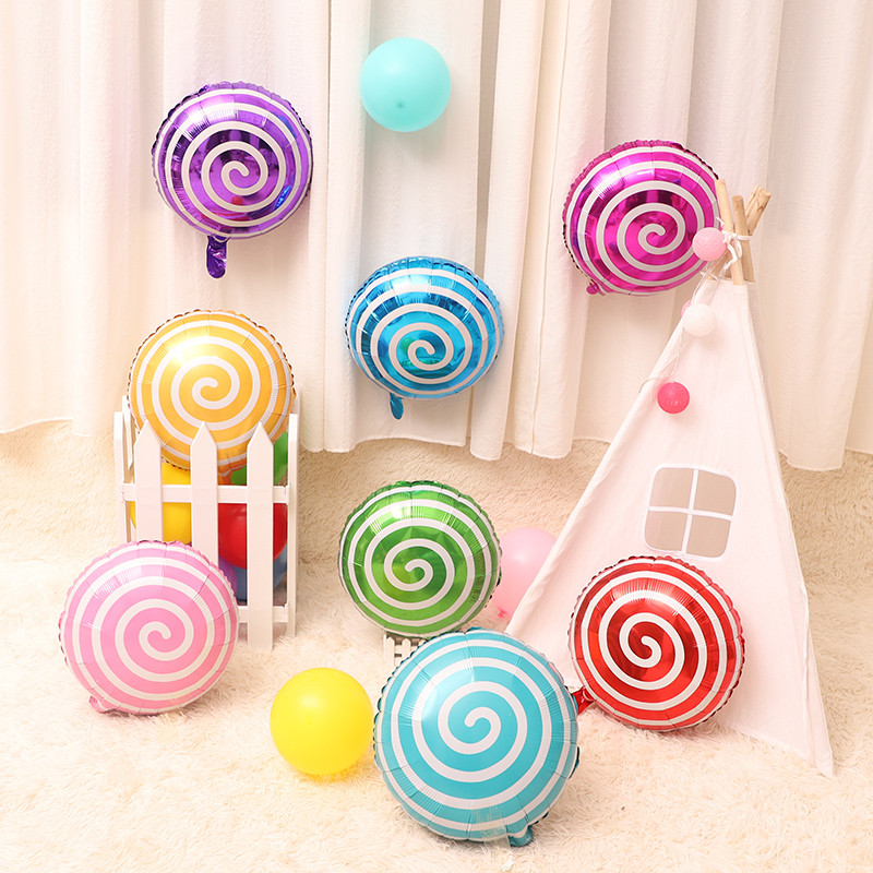 1/2/5gab 18 collu konfekšu stieņa folijas balons, apaļš rats konfektes dekorēšanai bērnu dzimšanas dienas ballītei kāzu bērnu dušas dekorēšanai