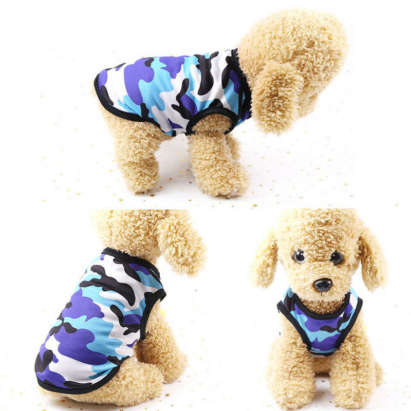 Roztomilé letné oblečenie pre psov, maskáčová vesta, priedušná vesta pre domáce zvieratá, okrúhle tričko s výstrihom pre malé a stredné psy, šteňatá