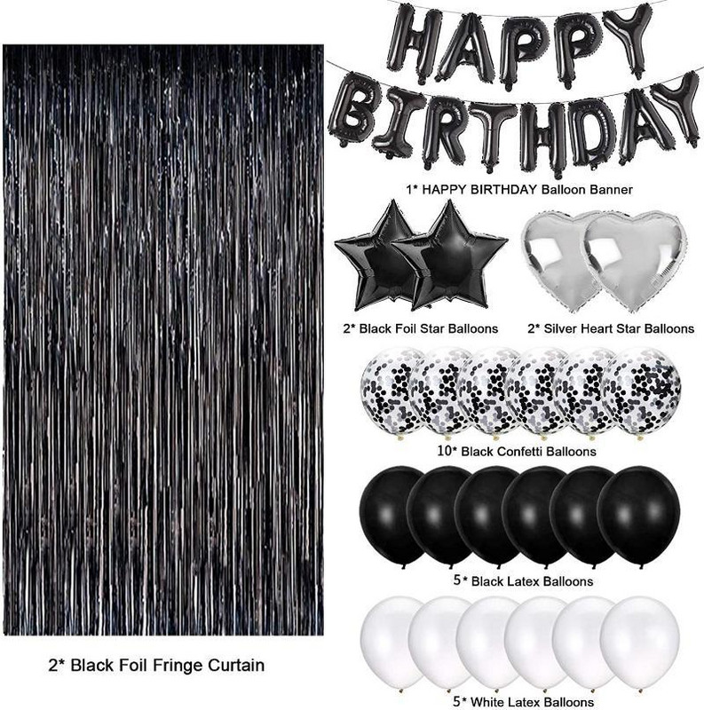 Set de decorațiuni pentru ziua de naștere din aur negru și trandafir, 26 buc. Litere, baloane pentru mulți ani, decorație pentru petrecerea de naștere, paiete, latex, heliu