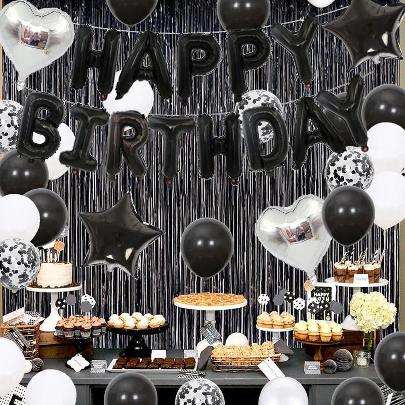 Set de decorațiuni pentru ziua de naștere din aur negru și trandafir, 26 buc. Litere, baloane pentru mulți ani, decorație pentru petrecerea de naștere, paiete, latex, heliu