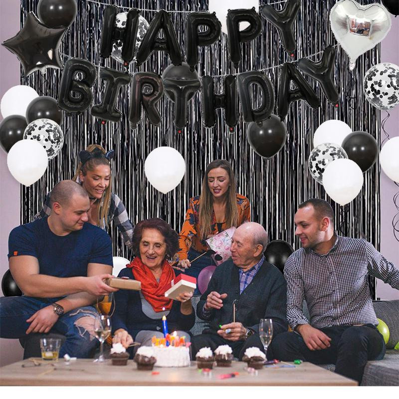 Set de decorațiuni pentru ziua de naștere din aur negru și trandafir, 26 buc. Litere, baloane pentru mulți ani, decorație pentru petrecerea de naștere, paiete, latex, heliu