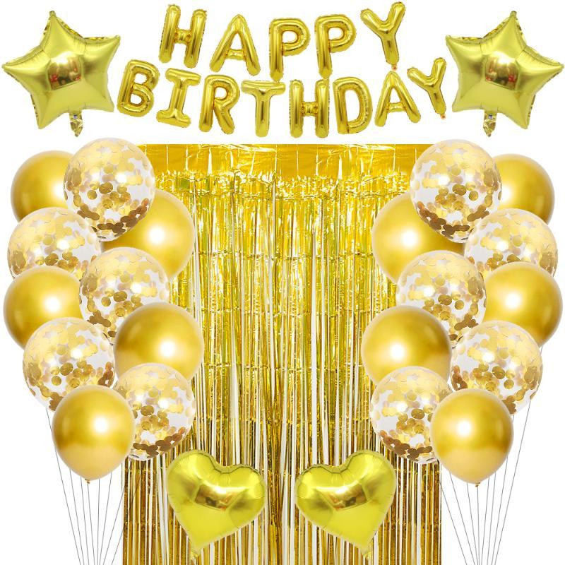 Set de decorațiuni pentru ziua de naștere din aur negru și trandafir, 26 buc. Litere, baloane pentru mulți ani, decorație pentru petrecerea de naștere, paiete, latex, heliu