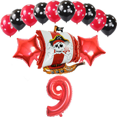 14 bucăți, roșu, negru, navă pirat, balon din folie de aluminiu, cu buline, latex, decorare pentru petrecerea de naștere pentru băiat, balon cu heliu, jucării pentru baby shower