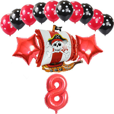 14 bucăți, roșu, negru, navă pirat, balon din folie de aluminiu, cu buline, latex, decorare pentru petrecerea de naștere pentru băiat, balon cu heliu, jucării pentru baby shower