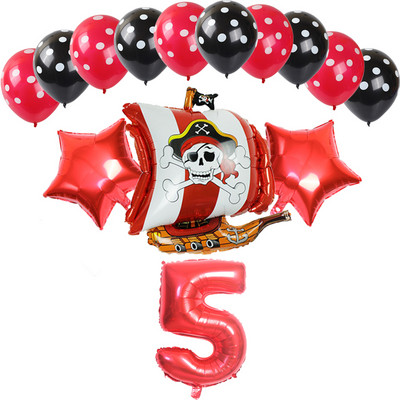 14 bucăți, roșu, negru, navă pirat, balon din folie de aluminiu, cu buline, latex, decorare pentru petrecerea de naștere pentru băiat, balon cu heliu, jucării pentru baby shower
