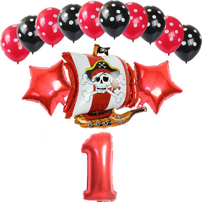 14 bucăți, roșu, negru, navă pirat, balon din folie de aluminiu, cu buline, latex, decorare pentru petrecerea de naștere pentru băiat, balon cu heliu, jucării pentru baby shower