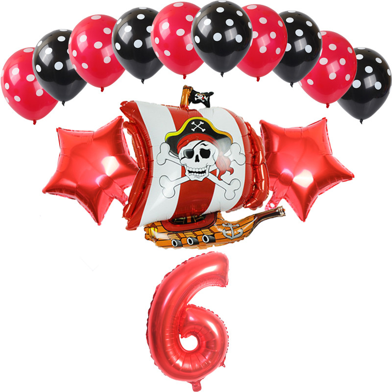 14 bucăți, roșu, negru, navă pirat, balon din folie de aluminiu, cu buline, latex, decorare pentru petrecerea de naștere pentru băiat, balon cu heliu, jucării pentru baby shower