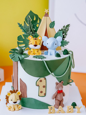 Новото животно Тигър Лъв Слон Карикатура Торта за торта Гора Джунгла Сафари Декорация на кексчета Парти за 1-ви рожден ден Сладки подаръци