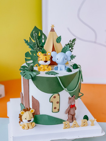 Новото животно Тигър Лъв Слон Карикатура Торта за торта Гора Джунгла Сафари Декорация на кексчета Парти за 1-ви рожден ден Сладки подаръци