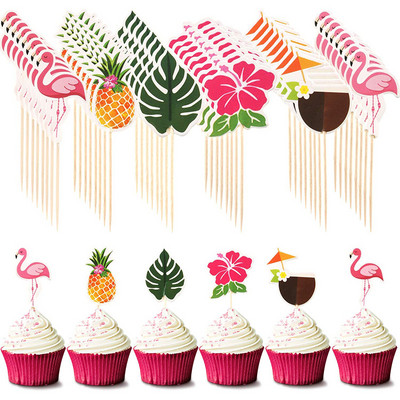 24 de bucăți de cupcake hawaiane, flamingo, ananas, frunze de palmier, scobitori, plajă tropicală, pentru petrecerea de aniversare, decorare pentru tort