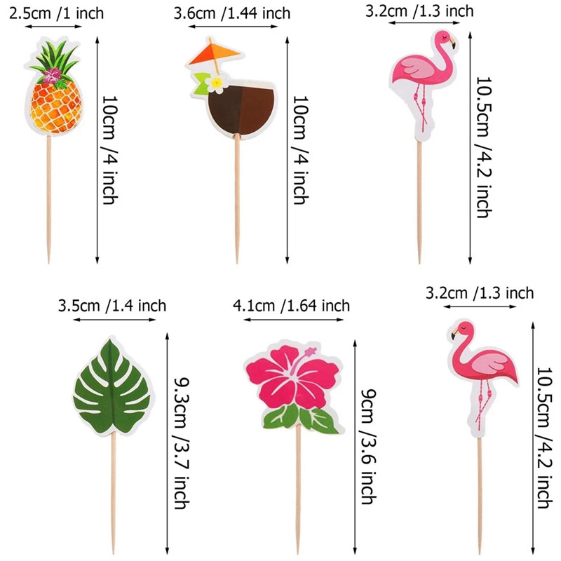 24 vnt Havajų keksų tvarsčiai Flamingo ananasų palmių lapų dantų krapštukai Tropical Summer Beach Gimtadienio vakarėlio torto puošmena