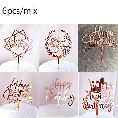 6 vnt Happy Birthday torto dangtelis Rose Gold Akrilinis gimtadienio torto dangtelis, skirtas kūdikių vakarėliui, gimtadienio vakarėlio reikmenys Tortų papuošimams