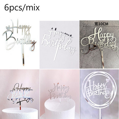 6 vnt Happy Birthday torto dangtelis Rose Gold Akrilinis gimtadienio torto dangtelis, skirtas kūdikių vakarėliui, gimtadienio vakarėlio reikmenys Tortų papuošimams