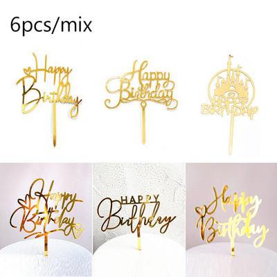 6 vnt Happy Birthday torto dangtelis Rose Gold Akrilinis gimtadienio torto dangtelis, skirtas kūdikių vakarėliui, gimtadienio vakarėlio reikmenys Tortų papuošimams