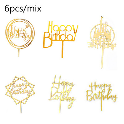6 vnt Happy Birthday torto dangtelis Rose Gold Akrilinis gimtadienio torto dangtelis, skirtas kūdikių vakarėliui, gimtadienio vakarėlio reikmenys Tortų papuošimams