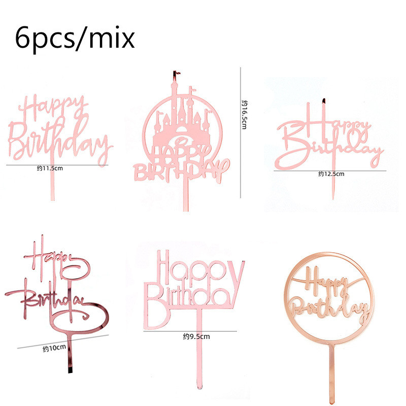 6 vnt Happy Birthday torto dangtelis Rose Gold Akrilinis gimtadienio torto dangtelis, skirtas kūdikių vakarėliui, gimtadienio vakarėlio reikmenys Tortų papuošimams