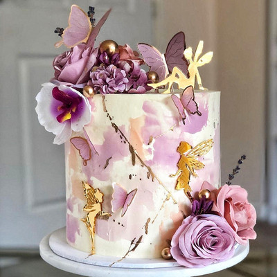 INS New Fairy Girls Happy Birthday Cake Topper Златен акрилен ъглов топер за торта за Baby Girls Birthday Party Cake Decorations