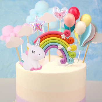 Unicorn Girls Cake Topper Kids 1st Birthday Decor Cloud Rainbow Balloon Cupcake Toppers Baby Shower Декорация на торта за кръщене