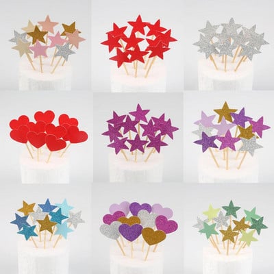 10 buc Mini Heart Star Cupcake Toppers pentru tort de aniversare, alegeri de decorare pentru copii, decorațiuni pentru petreceri de nuntă, favoruri pentru baby shower