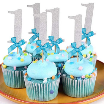 16 бр. Сребристо синьо 1 One Paper Cake Cupcake Toppers 1st First Boy Girl Birthday Party Decorations My One Year Supplies